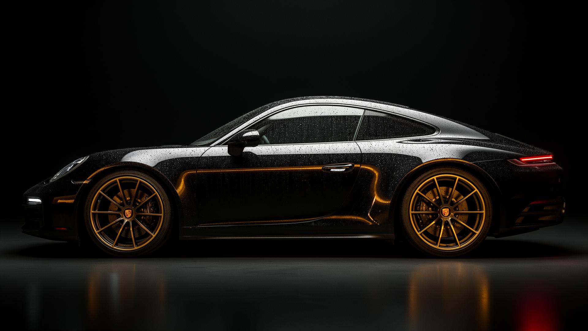 Black luxury sports car with gold wheel accents after professional detailing